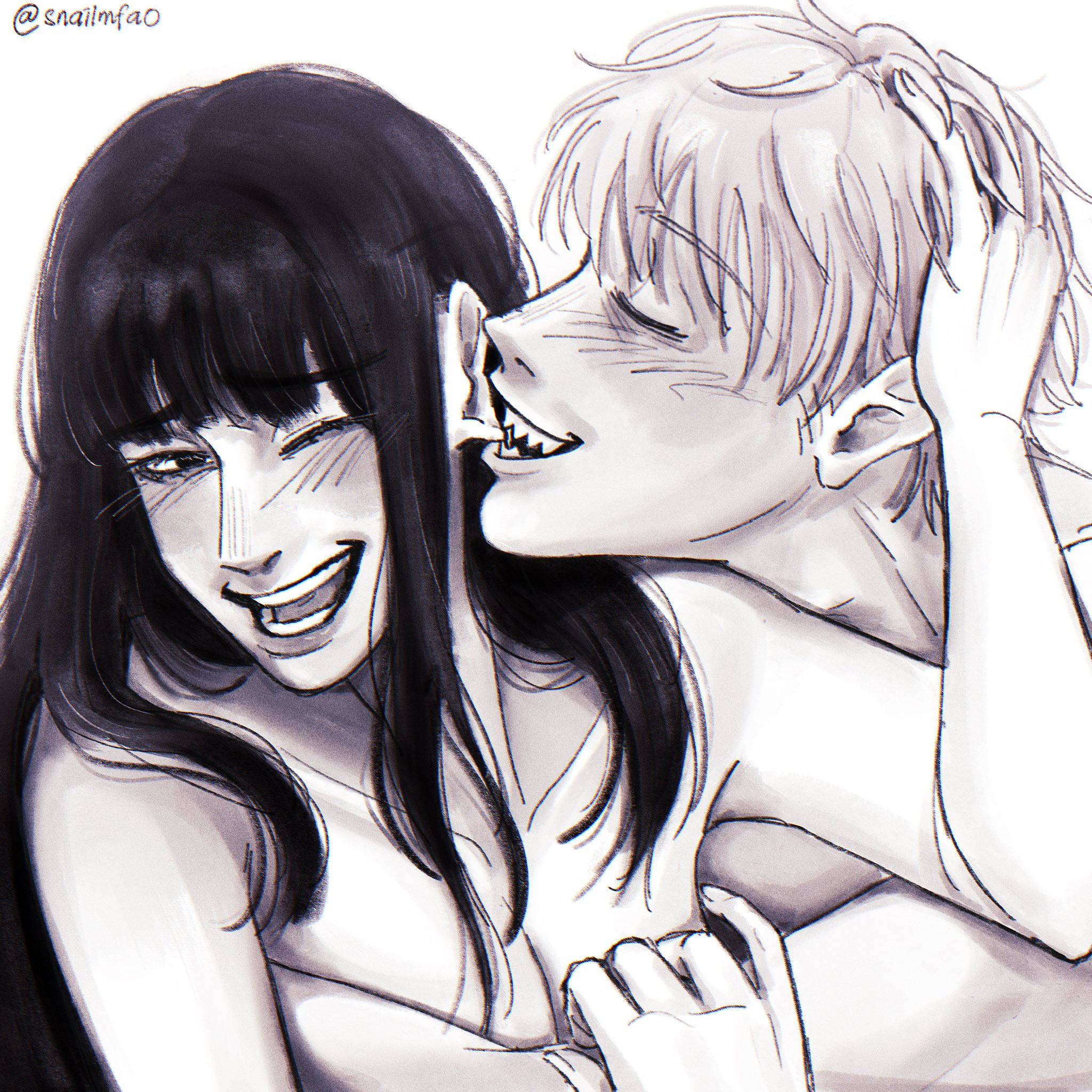 denji (chainsaw man), reze (chainsaw man), chainsaw man, biting ear, commentary, english commentary, highres, 1boy, 1girl, biting, breasts, cleavage, closed eyes, greyscale, hetero, long hair, medium breasts, monochrome, sharp teeth, short hair, snailmao, teeth, twitter username