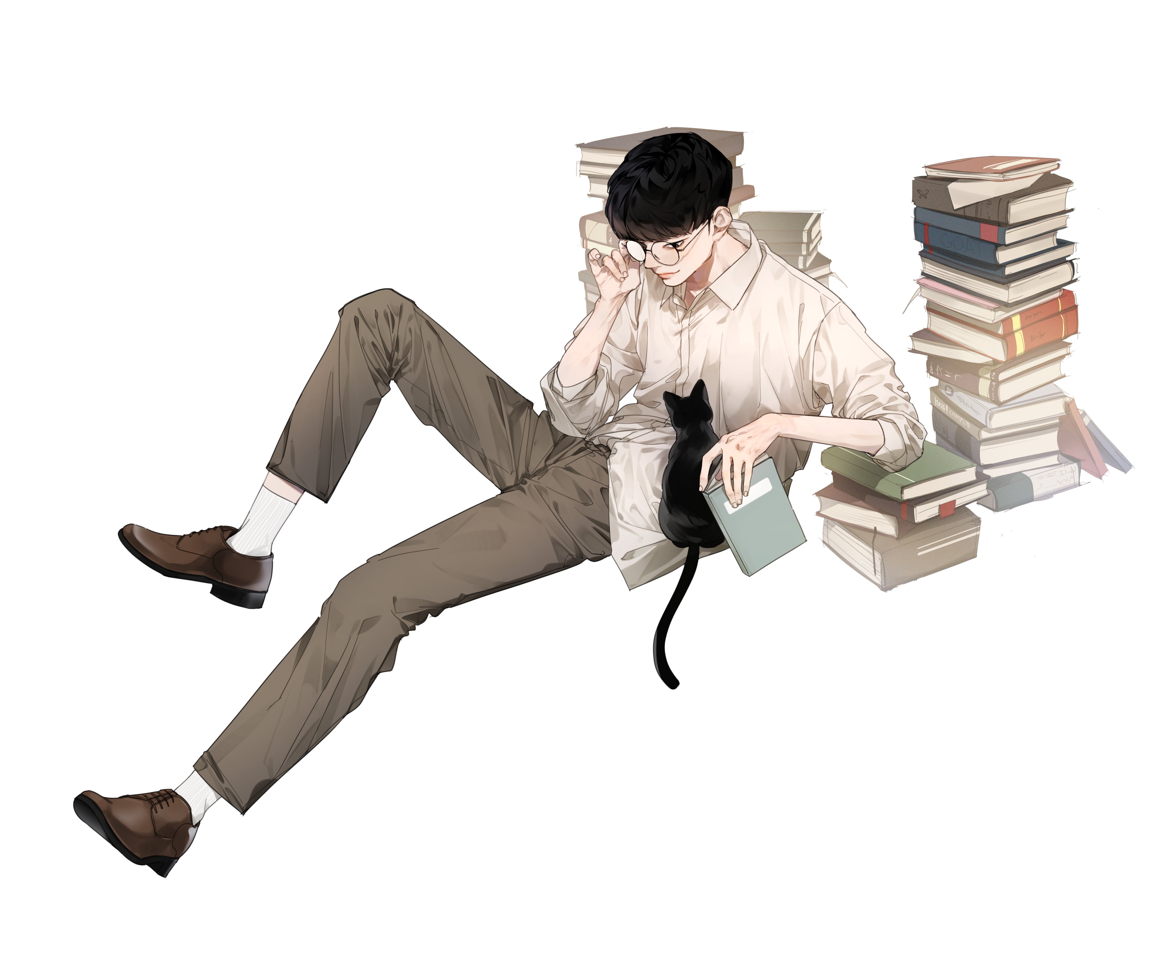 faker (gamer), real life, absurdres, highres, 1boy, adjusting eyewear, angoooo00o, animal, ankle socks, asian, black cat, black eyes, black hair, book, book stack, brown pants, brown shoes, cat, closed mouth, collared shirt, elbow rest, esports, full body, glasses, hand up, holding, holding book, loafers, male focus, pants, pink lips, round eyewear, shirt, shoes, short hair, simple background, sitting, smile, socks, solo, white background, white shirt, white socks