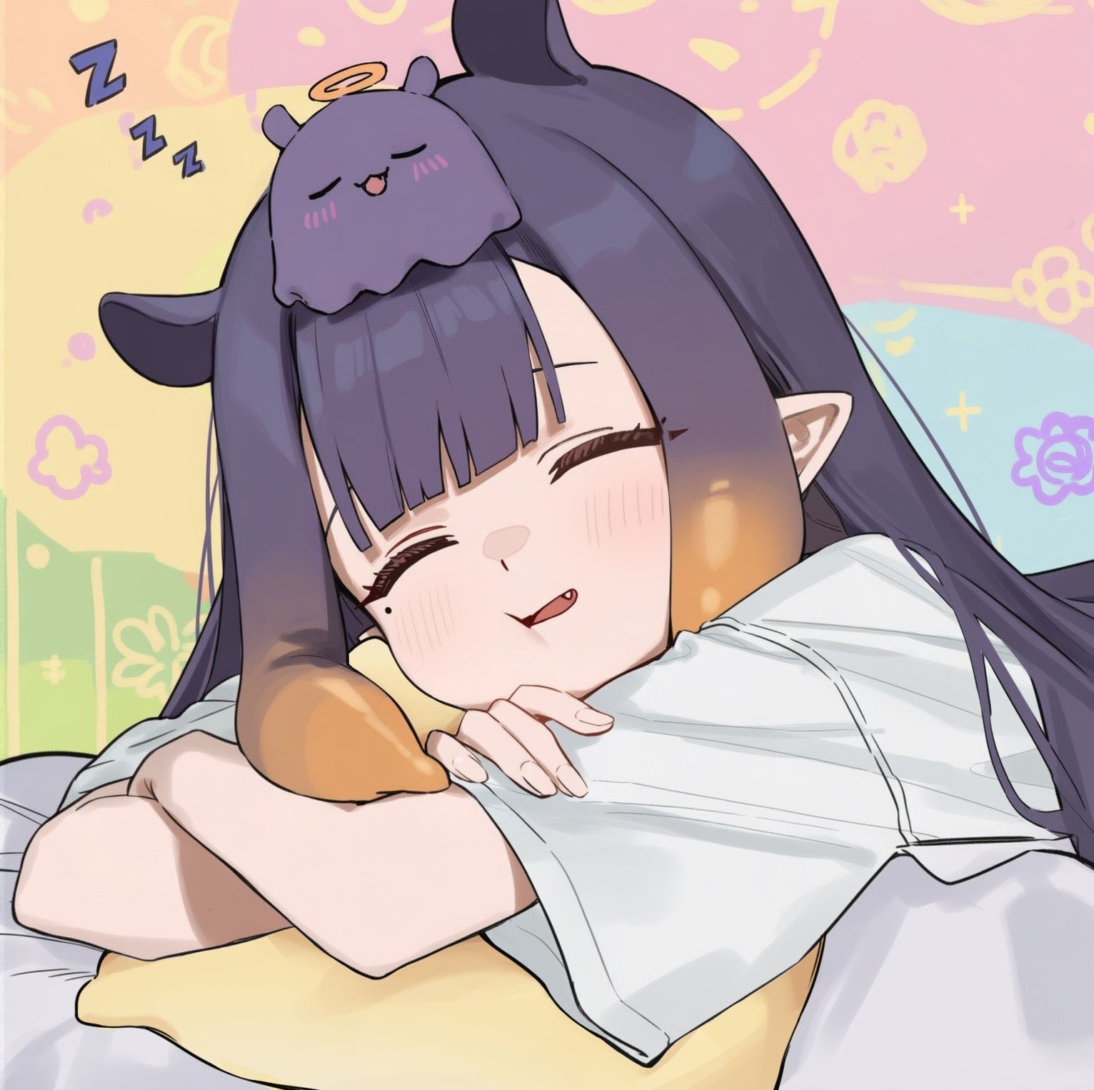 ninomae ina'nis, takodachi (ninomae ina'nis), hololive, hololive english, commentary, english commentary, highres, 1girl, closed eyes, crossed arms, enkochu, fang, gradient hair, grey shirt, head rest, mole, mole under eye, multicolored hair, open mouth, pillow, pointy ears, purple hair, shirt, sleeping, tentacle hair, virtual youtuber, zzz