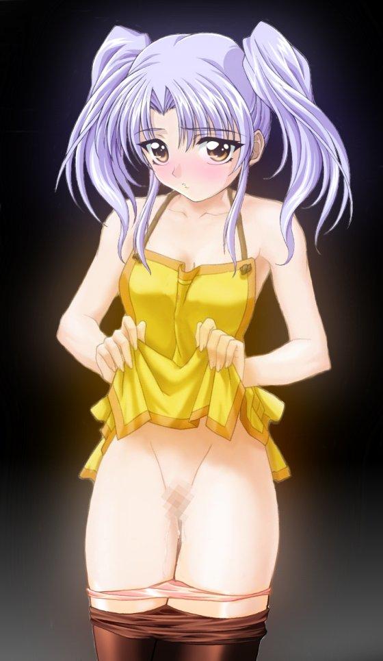 hoshino ruri, kidou senkan nadesico, non-web source, 1girl, bare shoulders, blush, brown eyes, censored, clothes lift, clothes pull, dress, dress lift, female focus, mosaic censoring, panties, panty pull, pantyhose, pantyhose pull, purple hair, pussy juice, skirt, skirt lift, solo, twintails, underwear