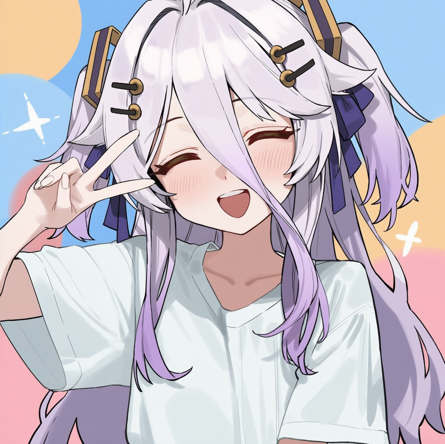 henya the genius, indie virtual youtuber, commentary, english commentary, highres, 1girl, closed eyes, enkochu, gradient hair, grey hair, hair between eyes, hair ribbon, light blush, long hair, long hair between eyes, multicolored hair, open mouth, purple hair, purple ribbon, ribbon, shirt, solo, teeth, two side up, upper teeth only, v, virtual youtuber, white shirt