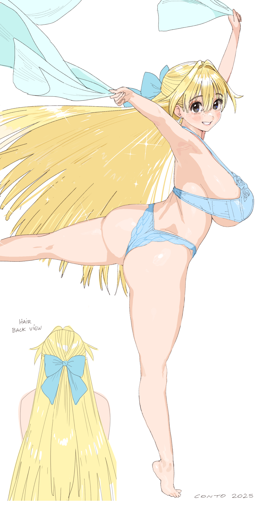 conto, catherine (conto), original, commentary, english commentary, highres, 1girl, ass, back, blonde hair, blush, bow, breasts, evil grin, evil smile, freckles, from behind, glasses, grin, hair bow, large breasts, long hair, looking at viewer, sideboob, simple background, smile, white background