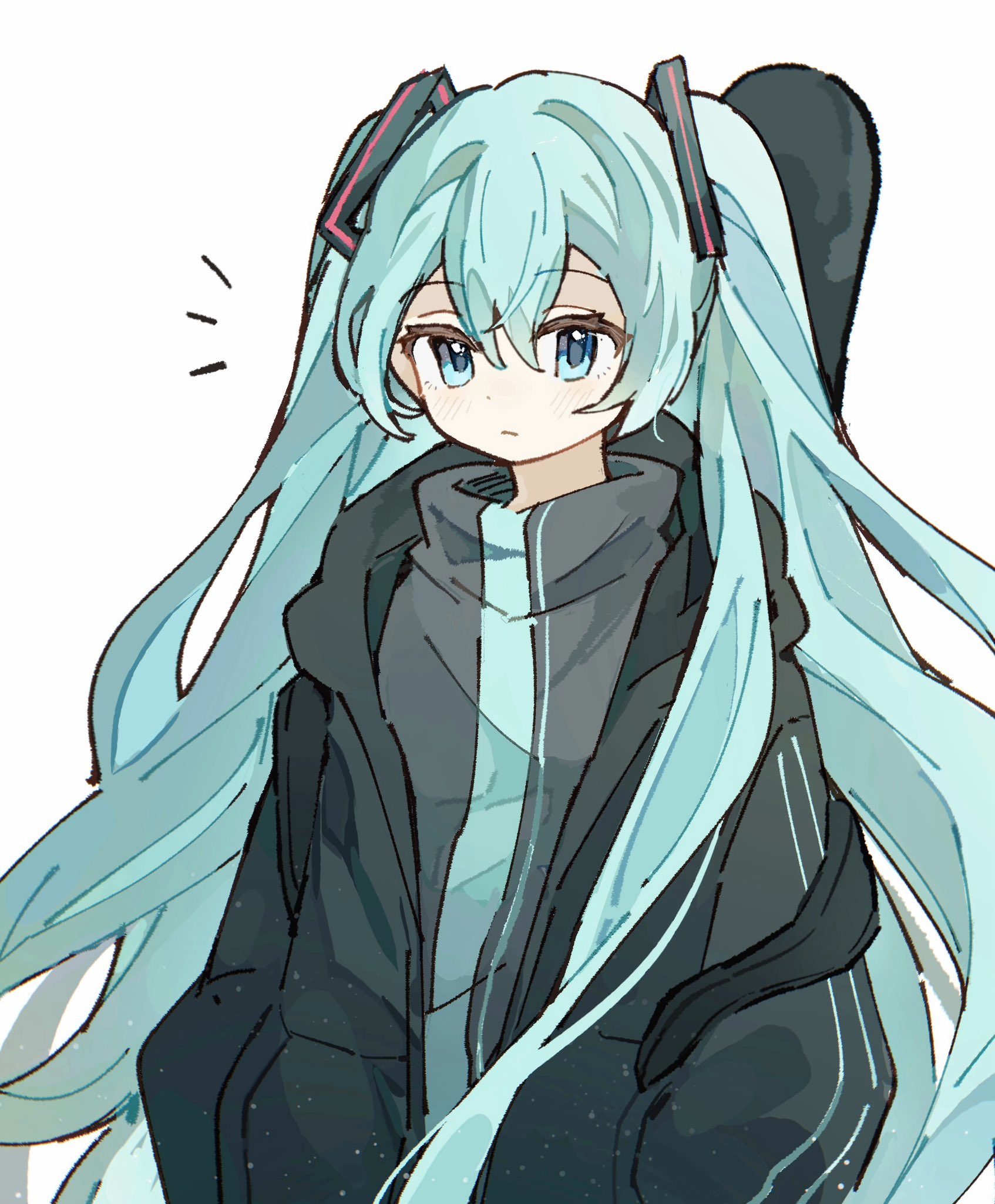 akoto (akoto0228), hatsune miku, vocaloid, hashtag-only commentary, highres, 1girl, black jacket, blue eyes, blue hair, closed mouth, copyright notice, double-parted bangs, expressionless, frown, guitar case, hair between eyes, hair ornament, hands in pockets, hood, hood down, hooded jacket, instrument case, instrument case on back, jacket, long hair, notice lines, open clothes, open jacket, simple background, solo, track jacket, turtleneck, turtleneck jacket, twintails, upper body, very long hair, white background