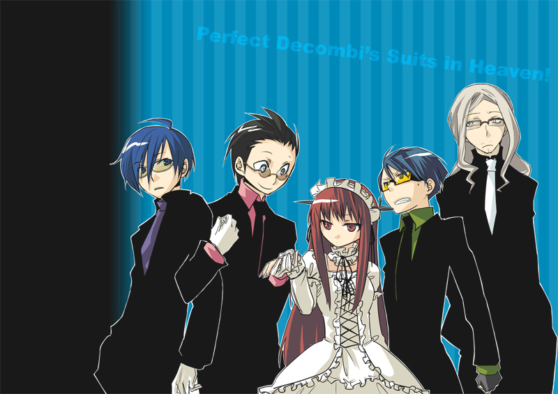 motomoto saji, mudo, mudo (saji), mochizuki ryouji, sakaki takaya, shirato jin, yoshino chidori, yuuki makoto (persona 3), atlus, persona, persona 3, bad id, bad pixiv id, 1girl, 4boys, black hair, blue eyes, blue hair, dress, formal clothes, glasses, gothic lolita, grey hair, lolita fashion, long hair, multiple boys, necktie, red eyes, red hair, short hair, smile, sweatdrop