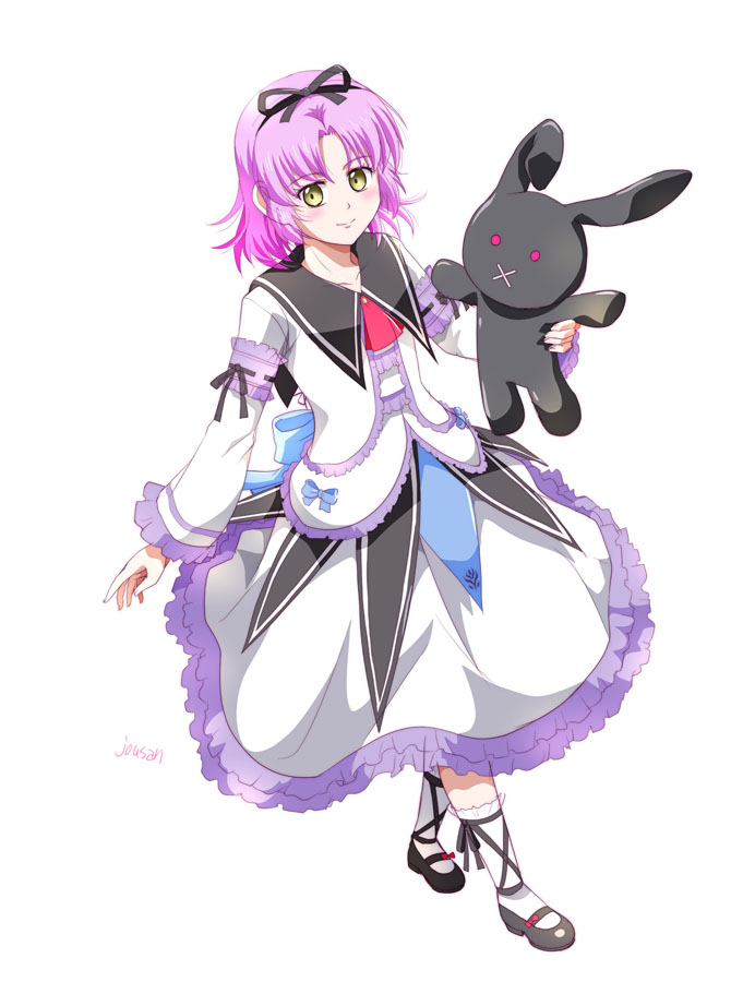 xiacheng tatsuya, renne (eiyuu densetsu), eiyuu densetsu, sora no kiseki, 1girl, artist name, ascot, bow, curtained hair, dress, frilled sleeves, frills, hair bow, holding, holding stuffed toy, looking at viewer, mary janes, parted bangs, purple hair, red ascot, shoes, short hair, simple background, smile, socks, solo, stuffed animal, stuffed rabbit, stuffed toy, white background, white socks, yellow eyes
