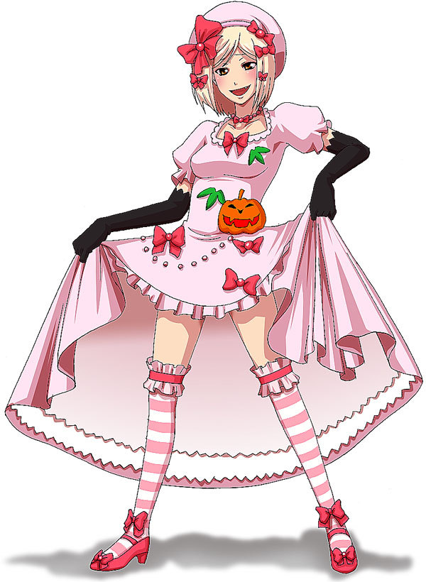 lambdadelta, umineko no naku koro ni, 00s, 1girl, aged up, blonde hair, clothes lift, female focus, gloves, hat, kneehighs, pink hat, ribbon, short hair, skirt, skirt lift, socks, solo