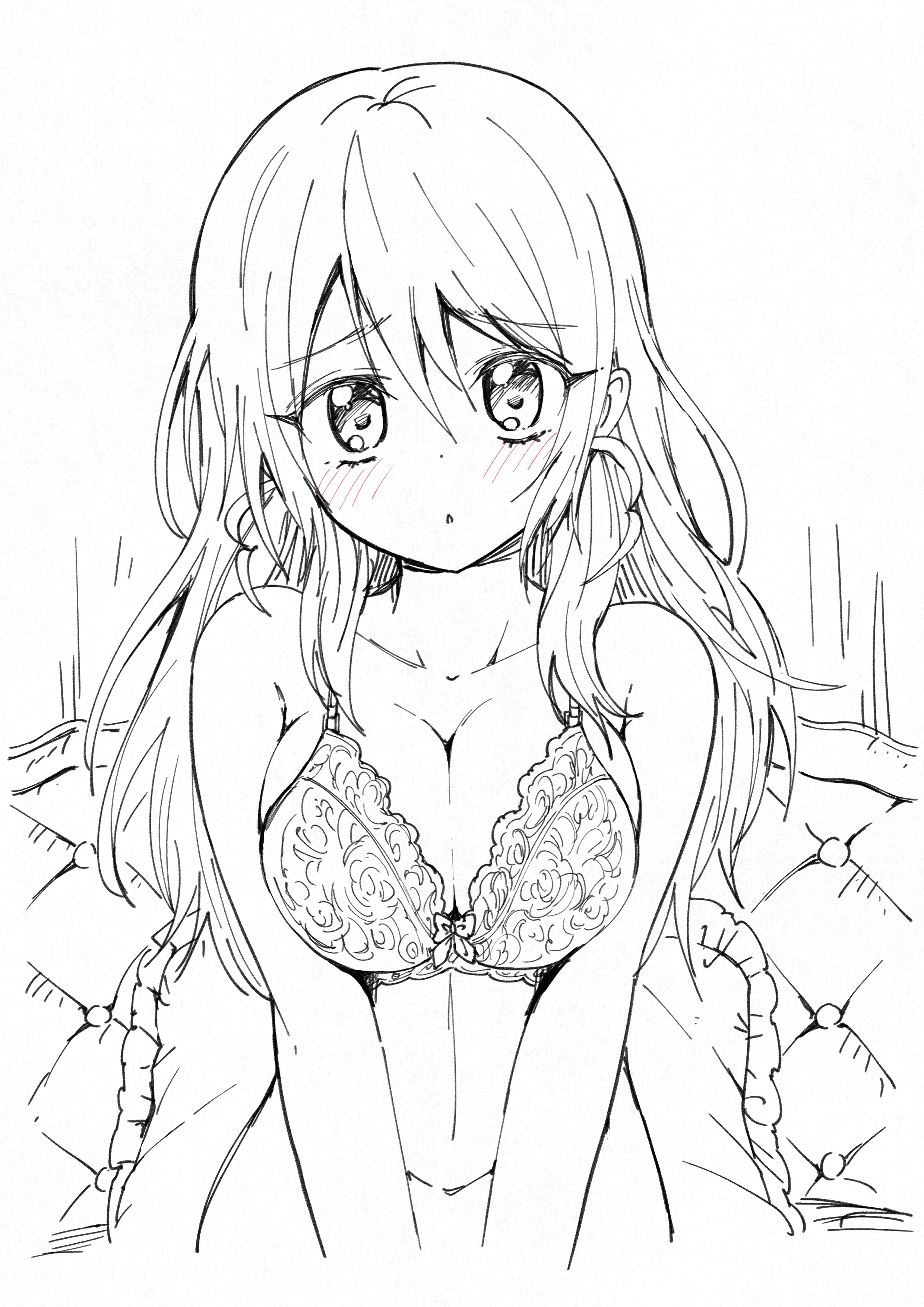 yuuki shushu, jashin-chan dropkick, absurdres, character request, hashtag-only commentary, highres, 1girl, :o, bare shoulders, blush, bra, breasts, cleavage, collarbone, couch, greyscale, hair between eyes, lace, lace-trimmed bra, lace trim, large breasts, long hair, looking at viewer, monochrome, parted lips, pillow, sitting, solo, underwear, underwear only, upper body, very long hair