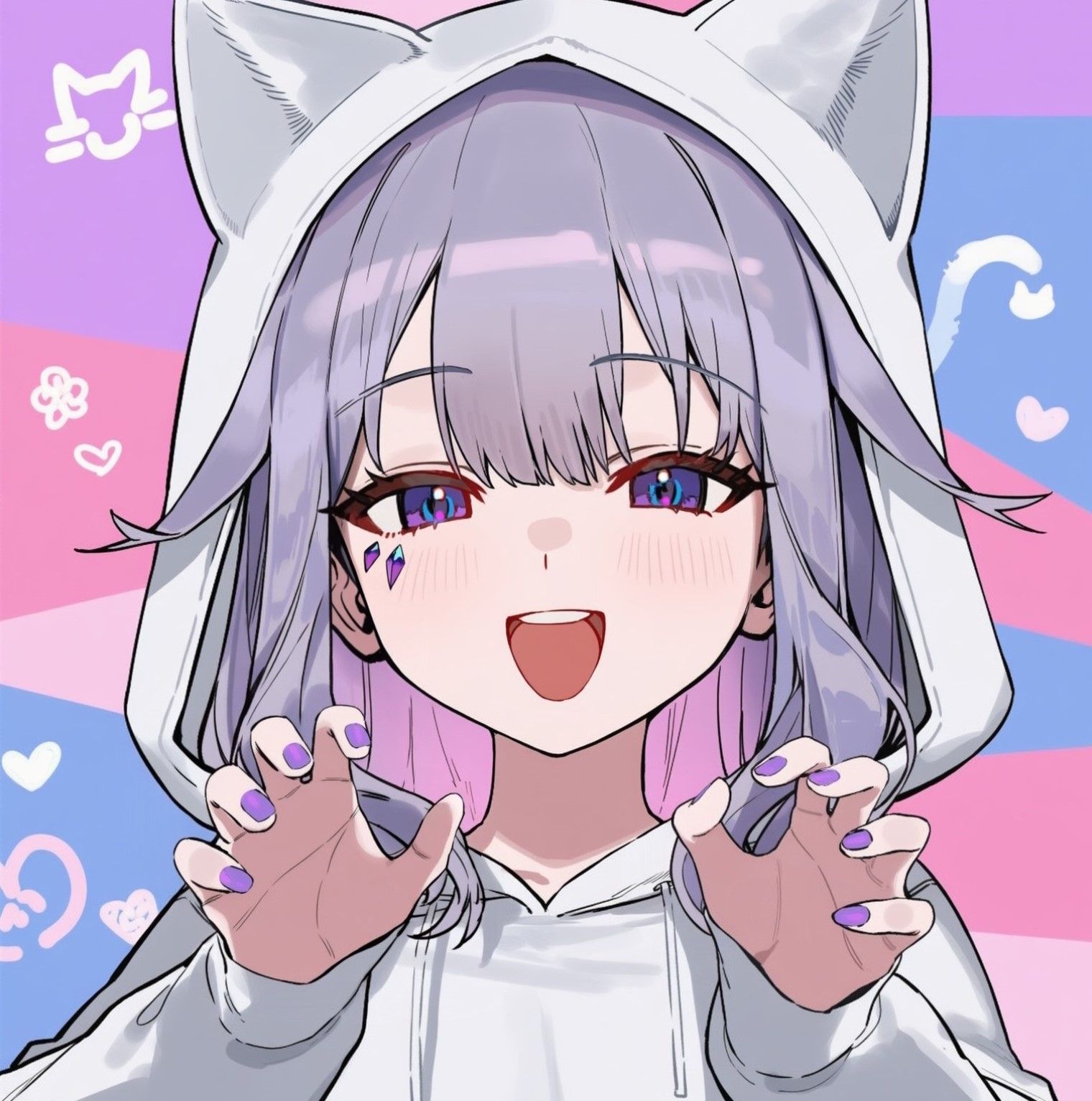 koseki bijou, hololive, hololive english, highres, 1girl, animal ear hood, animal ears, cat ears, colored inner hair, enkochu, fake animal ears, gem, grey hair, hands up, heart, hood, hood up, hoodie, jewel under eye, long hair, looking at viewer, multicolored hair, pink hair, purple eyes, purple gemstone, purple nails, solo, virtual youtuber, white hoodie