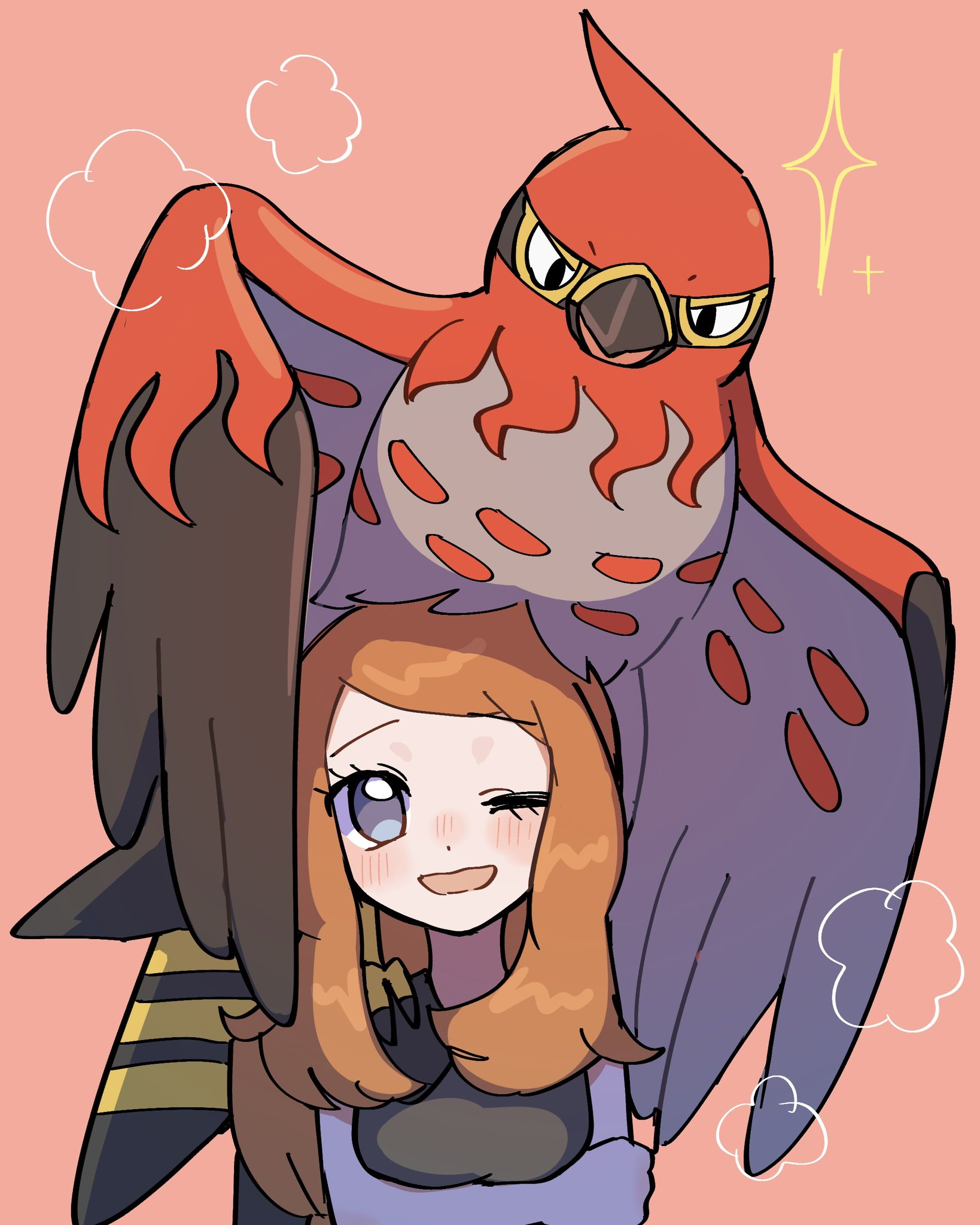 pitorigoto, serena (pokemon), talonflame, nintendo, pokemon, pokemon xy, highres, 1girl, arms under breasts, beak, bird, black shirt, blonde hair, blue eyes, blush, breasts, gen 6 pokemon, long hair, looking at viewer, on head, one eye closed, open mouth, pokemon (creature), pokemon on head, shirt, sleeveless, sleeveless shirt, smile, star (symbol), tail, wings
