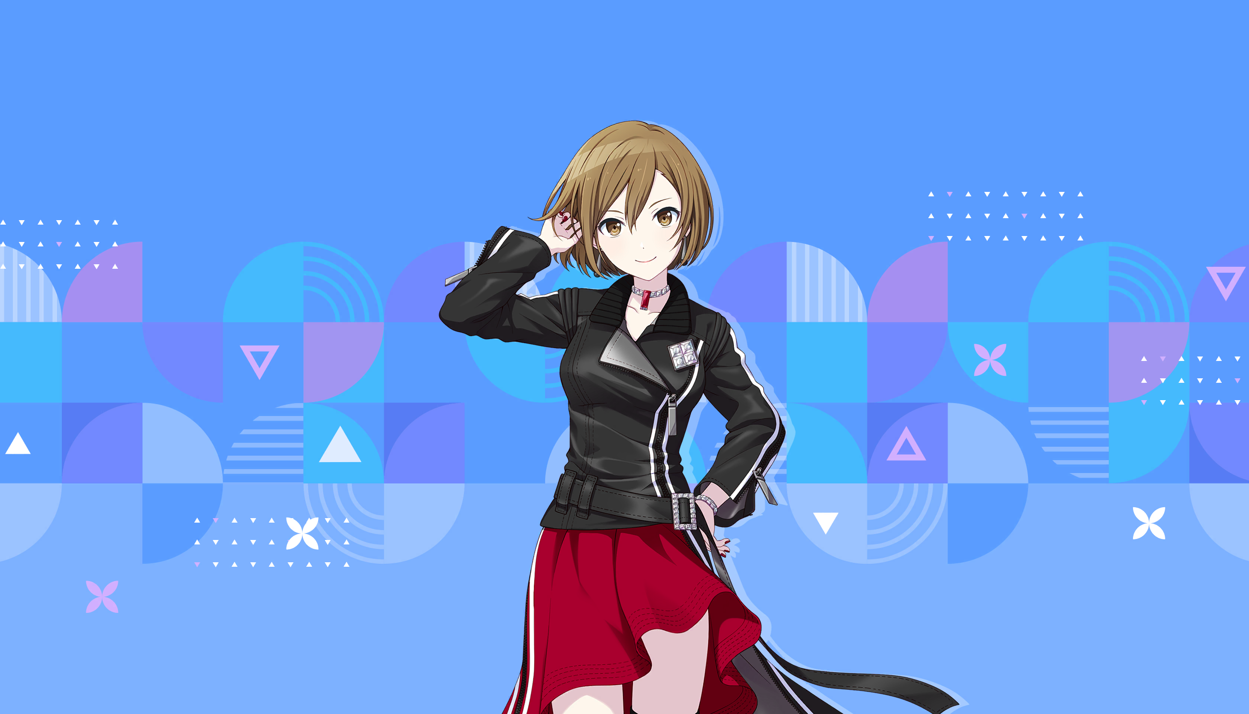colorful palette, meiko (vocaloid), vivid bad squad meiko, project sekai, vocaloid, game cg, highres, official art, third-party source, 1girl, belt, black belt, black jacket, blue background, bracelet, breasts, brown eyes, brown hair, fingernails, hair between eyes, jacket, jewelry, medium hair, nail polish, necklace, red nails, red skirt, skirt, solo