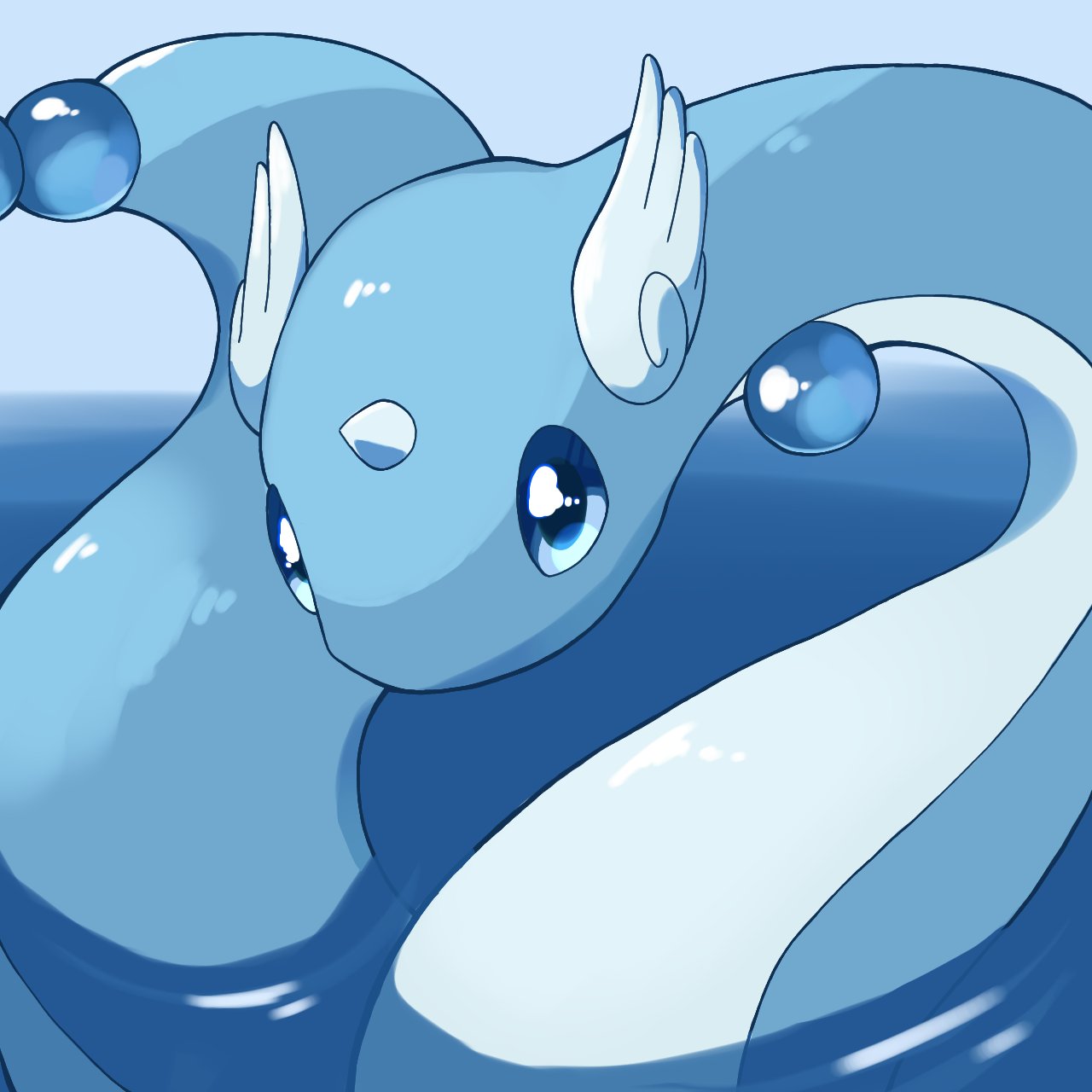 ama luna197, dragonair, nintendo, pokemon, highres, blue eyes, dragon, gen 1 pokemon, head wings, horns, no humans, pokemon (creature), pokemon focus, single horn, solo, tail, water, wings