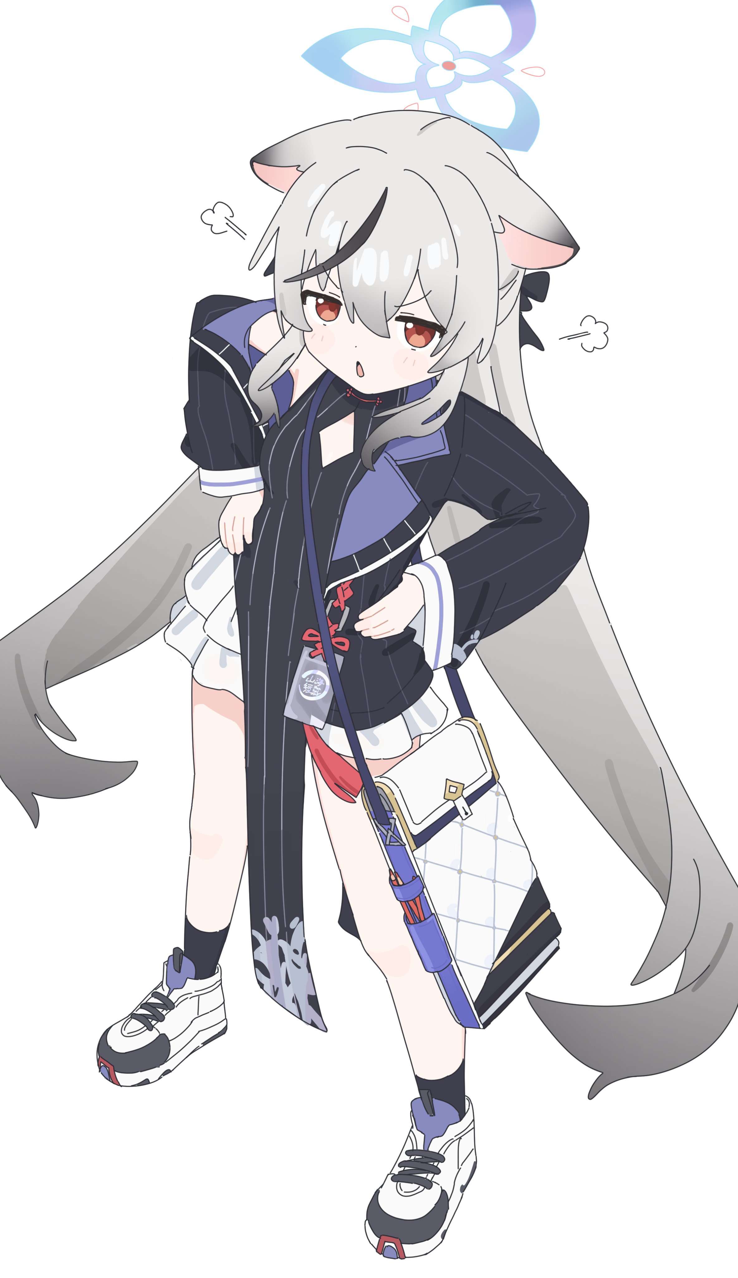 ame miya ta, kokona (blue archive), blue archive, absurdres, highres, 1girl, angry, animal ears, badge, bag, bare legs, black dress, black hair, black jacket, black shoes, black socks, blue halo, blush, bow, breasts, chinese clothes, clothing cutout, diamond cutout, dress, frilled skirt, frills, gradient hair, grey hair, hair between eyes, hair bow, hair ornament, halo, jacket, long hair, looking at viewer, mandarin collar, multicolored hair, multicolored shoes, multiple girls, orange eyes, pelvic curtain, shoes, shoulder bag, simple background, single bare shoulder, sketch, skirt, sleeves past wrists, small breasts, socks, straight hair, streaked hair, striped clothes, striped jacket, tiger ears, triangle mouth, two-tone hair, v-shaped eyebrows, very long hair, white shoes