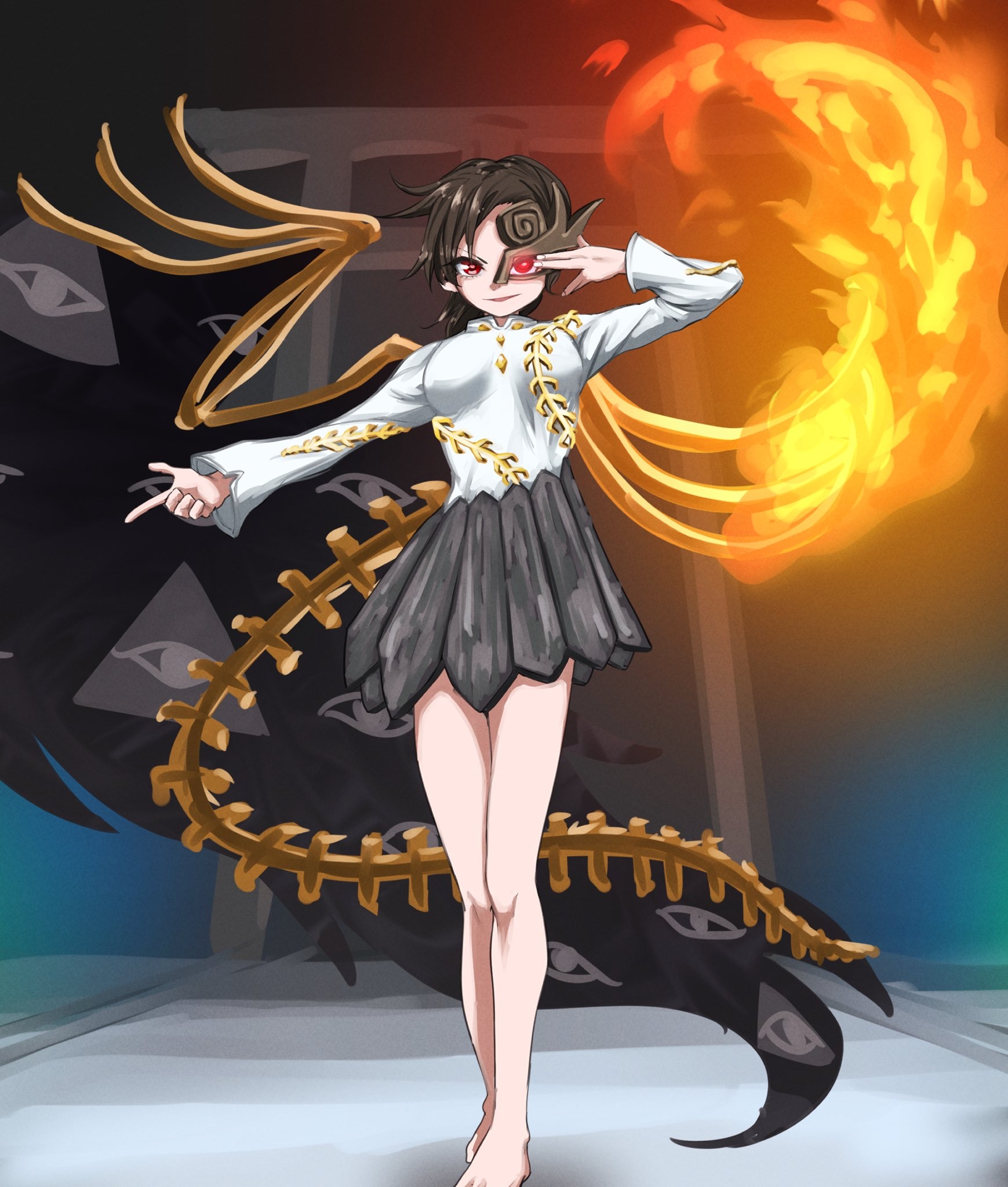 alinoce716, iwanaga ariya, touhou, highres, 1girl, asymmetrical wings, barefoot, black hair, black skirt, bone, eye of providence, fire, full body, glowing, glowing eye, half mask, long sleeves, looking at viewer, mask, red eyes, shirt, short hair, skeletal tail, skeletal wings, skirt, solo, standing, tail, torii, white shirt, wings