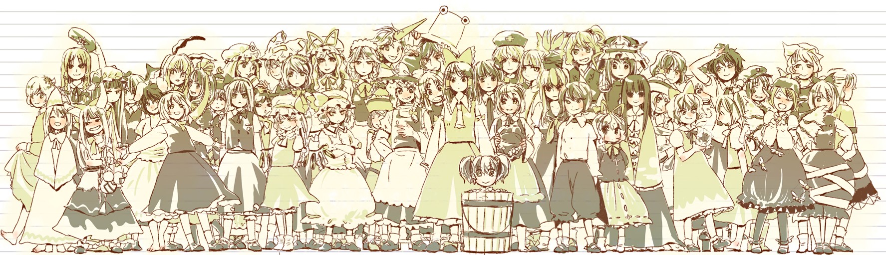 mow (momom), aki minoriko, aki shizuha, alice margatroid, chen, cirno, flandre scarlet, fujiwara no mokou, hakurei reimu, hong meiling, hoshiguma yuugi, houraisan kaguya, ibuki suika, inaba tewi, inubashiri momiji, izayoi sakuya, kagiyama hina, kamishirasawa keine, kawashiro nitori, kazami yuuka, kirisame marisa, kisume, koakuma, kochiya sanae, konpaku youmu, kurodani yamame, letty whiterock, lily white, lunasa prismriver, lyrica prismriver, medicine melancholy, merlin prismriver, mizuhashi parsee, moriya suwako, mystia lorelei, onozuka komachi, patchouli knowledge, reisen udongein inaba, remilia scarlet, rumia, saigyouji yuyuko, shameimaru aya, shiki eiki, wriggle nightbug, yagokoro eirin, yakumo ran, yakumo yukari, yasaka kanako, touhou, highres, long image, wide image, 6+girls, animal ears, animal hat, antennae, barefoot, blonde hair, blush, bow, braid, bucket, buttons, cape, cat ears, cat girl, chain, crescent, crescent moon, cross, crossed arms, detached sleeves, dress, everyone, female focus, food, frills, frog, from behind, frozen, fruit, gem, geta, grapes, hair bobbles, hair bow, hair ornament, hair ribbon, hairband, hat, hat bow, hat ribbon, horns, ice, in bucket, in container, leaf, long hair, long sleeves, maid, mob cap, monochrome, moon, multiple girls, necktie, no headwear, ofuda, outstretched arms, rabbit ears, ribbon, shoes, short hair, short sleeves, single horn, socks, star (symbol), tengu-geta, tokin hat, twintails, two side up, wings
