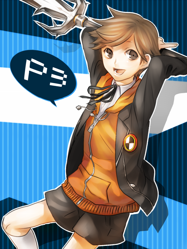 kanmi, kanmi (pixiv69613), amada ken, atlus, persona, persona 3, bad id, bad pixiv id, brown hair, male focus, polearm, shorts, solo, spear, weapon