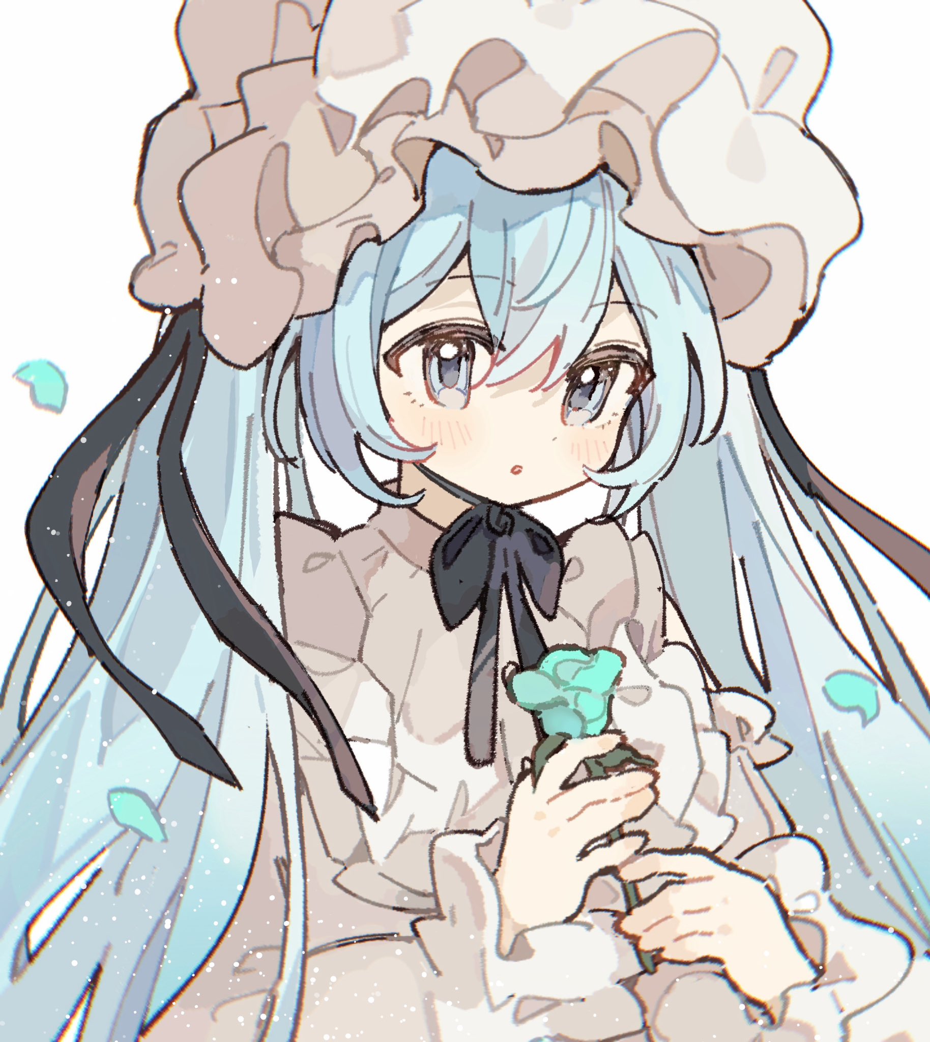 akoto (akoto0228), hatsune miku, vocaloid, hashtag-only commentary, highres, 1girl, :o, ||/, aqua flower, aqua petals, black bow, blue eyes, blue hair, bow, film grain, flower, frilled hat, frilled shirt, frilled sleeves, frills, hat, holding, holding flower, light particles, long hair, long sleeves, looking at flowers, parted lips, puffy long sleeves, puffy sleeves, shirt, simple background, solo, twintails, upper body, very long hair, white background, white hat, white shirt