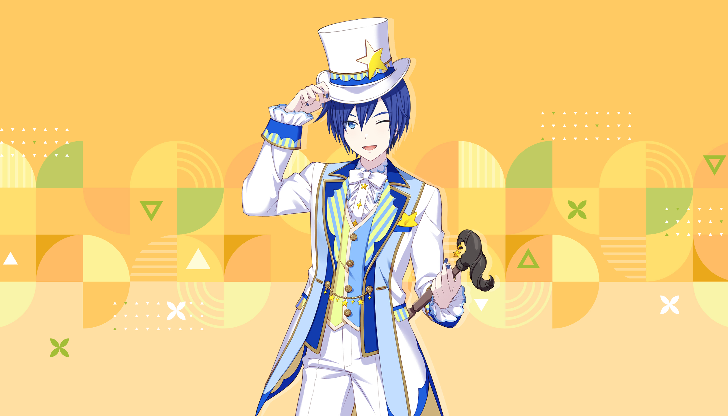 colorful palette, kaito (vocaloid), wonderlands x showtime kaito, project sekai, vocaloid, game cg, highres, official art, third-party source, 1boy, ;d, blue eyes, blue hair, blue nails, blue vest, cane, coat, fingernails, green vest, hat, holding, holding cane, male focus, multicolored vest, nail polish, one eye closed, open clothes, open coat, open mouth, orange background, pants, shirt, short hair, smile, solo, star (symbol), tongue, top hat, triangle, vest, white coat, white hat, white pants, white shirt