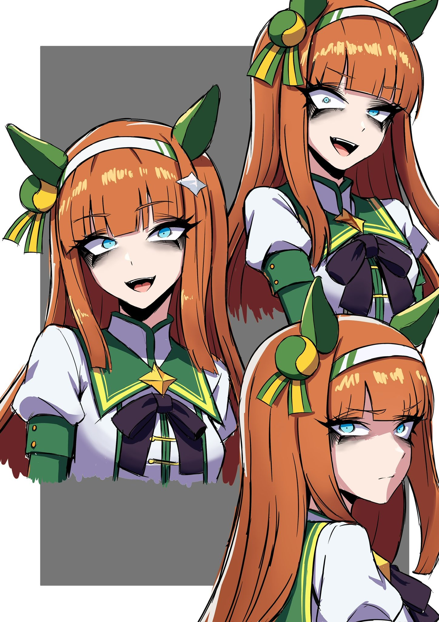 nagainegi, silence suzuka (innocent silence) (umamusume), silence suzuka (umamusume), umamusume, highres, 1girl, animal ears, blunt bangs, blush, bow, brown hair, ear covers, hair ornament, hairband, horse ears, horse girl, long hair, looking at viewer, orange hair, solo, white hairband