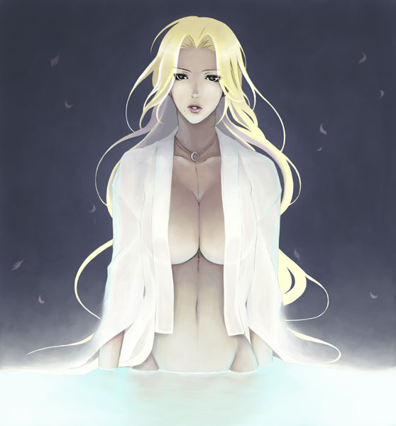matsumoto rangiku, bleach, artist request, non-web source, source request, 00s, 1girl, blonde hair, breasts, cleavage, female focus, green eyes, huge breasts, long hair, mole, mole under mouth, navel, open clothes, open shirt, shirt, solo, wading, water