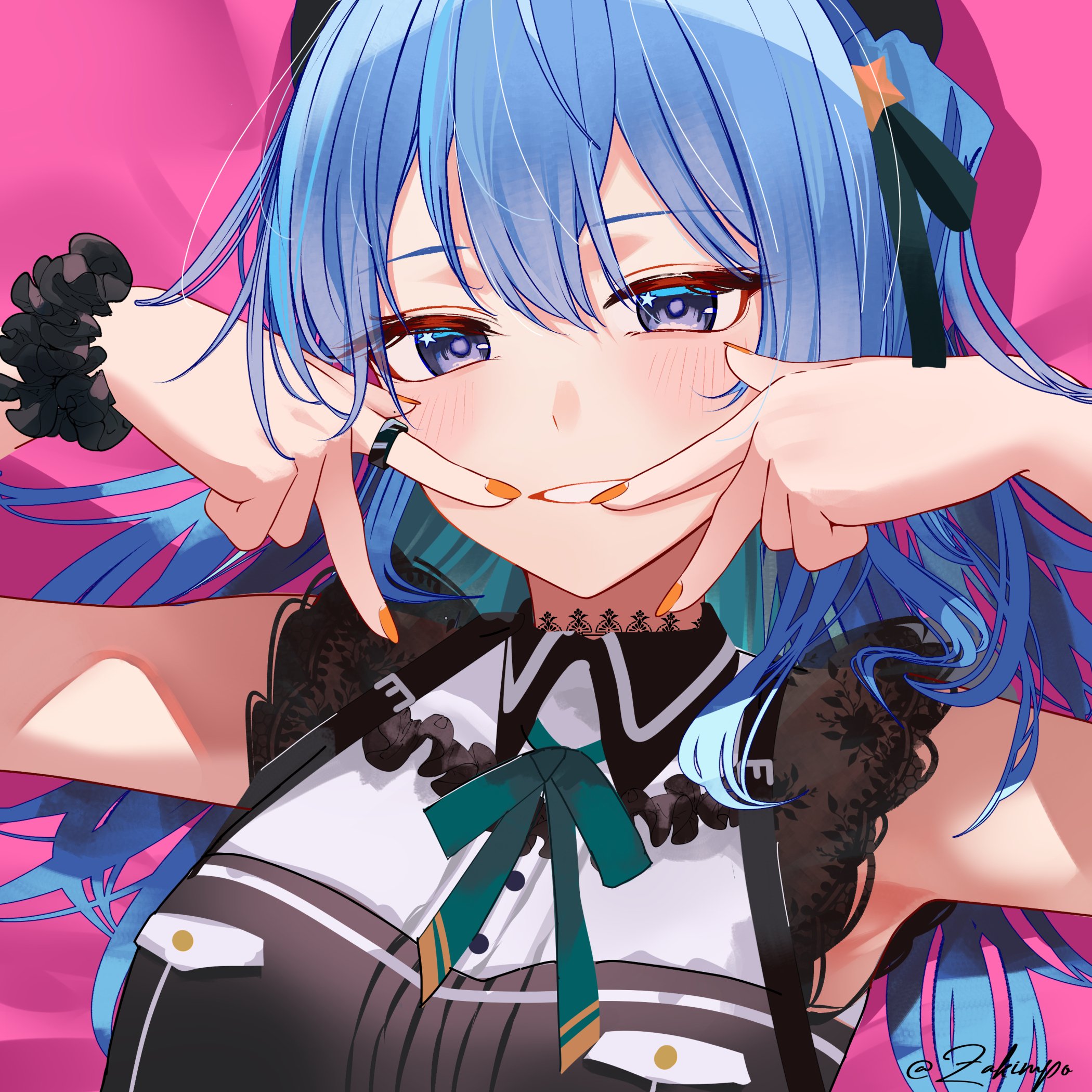 zakimpo, hoshimachi suisei, hoshimachi suisei (casual), hololive, hashtag-only commentary, highres, 1girl, black choker, black dress, blue eyes, blue hair, choker, collared dress, colored inner hair, double-parted bangs, double w, dress, green ribbon, grin, hair between eyes, hair ribbon, hands up, lace, lace choker, lace sleeves, long hair, looking at viewer, multicolored hair, nail polish, neck ribbon, official alternate costume, official alternate hairstyle, one side up, orange nails, ribbon, scrunchie, short sleeves, sidelocks, smile, solo, star (symbol), star in eye, symbol in eye, upper body, virtual youtuber, w, wrist scrunchie