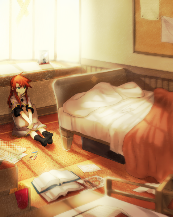 kanmi, kanmi (pixiv69613), luke fon fabre, tales of (series), tales of the abyss, bad id, bad pixiv id, 00s, 1boy, bed, bedroom, book, green eyes, indoors, lonely, long hair, male focus, red hair, sad, sitting, solo