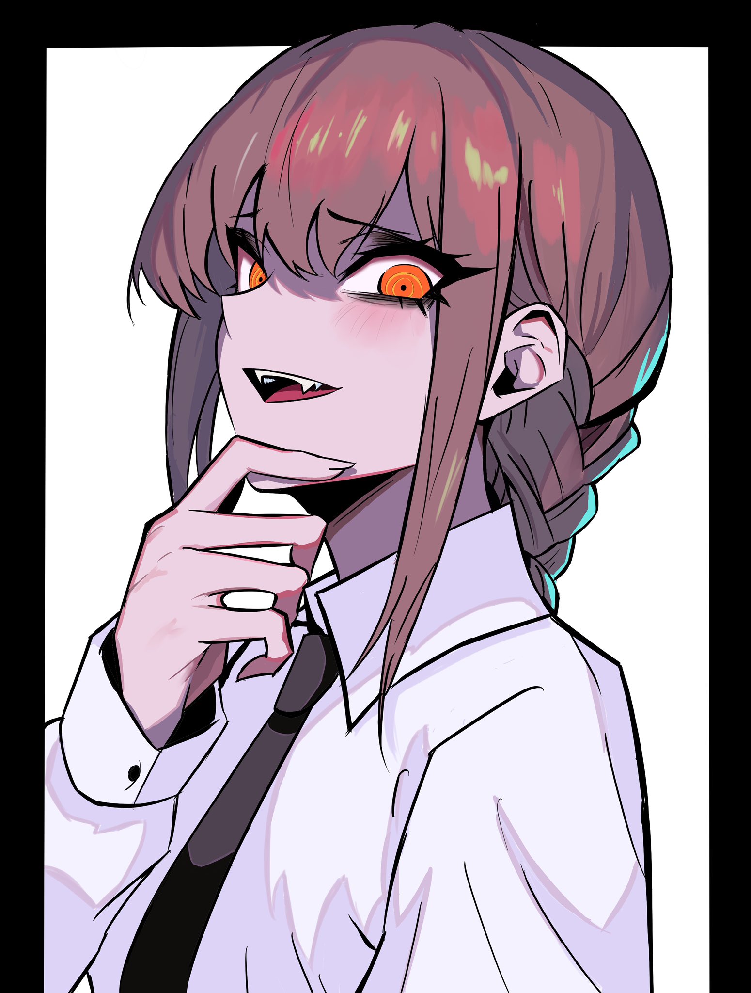 nagainegi, makima (chainsaw man), chainsaw man, highres, 1girl, black necktie, braid, braided ponytail, collared shirt, long hair, long sleeves, looking at viewer, necktie, red hair, ringed eyes, shirt, sidelocks, simple background, solo, white shirt, yellow eyes