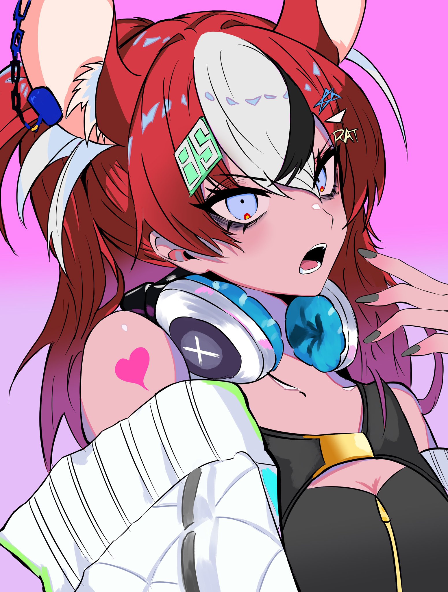 nagainegi, hakos baelz, hololive, hololive english, highres, 1girl, animal ears, black hair, blue eyes, hair ornament, headphones, long hair, looking at viewer, mouse ears, mouse girl, mouse tail, multicolored hair, open mouth, red hair, solo, streaked hair, tail, twintails, virtual youtuber, white hair