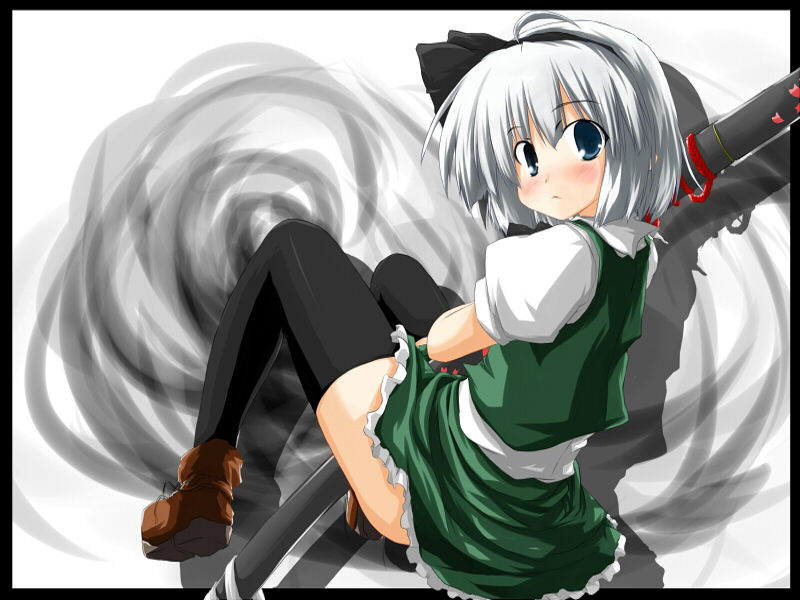 nanpuu, konpaku youmu, touhou, silver hair, 1girl, female focus, full body, katana, ribbon, school uniform, serafuku, short hair, skirt, socks, solo, sword, thighhighs, weapon, white background