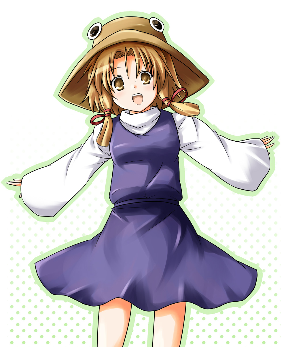 nanahoshi pal, moriya suwako, touhou, highres, 1girl, blonde hair, dress, female focus, gradient background, hat, ribbon, short hair, solo, white background