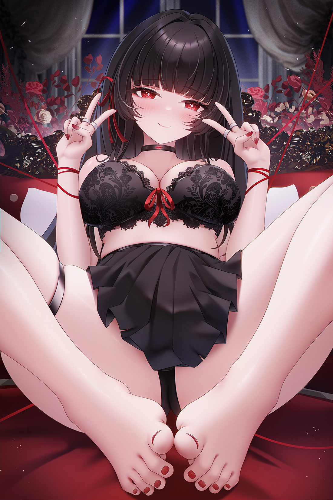 ling dianxia, chisa (wuthering waves), wuthering waves, commentary request, highres, paid reward available, partial commentary, 1girl, bare shoulders, barefoot, black bra, black hair, black panties, black skirt, blunt bangs, blush, bra, breasts, closed mouth, curtains, double v, feet, fingernails, flower, hair ribbon, hands up, indoors, knees apart feet together, knees up, lace, lace bra, large breasts, long fingernails, long hair, looking at viewer, nail polish, night, no shirt, panties, red eyes, red nails, red pupils, red ribbon, ribbon, rose, skindentation, skirt, smile, solo, spread legs, thigh strap, thighs, toenail polish, toenails, toes, underwear, v, window