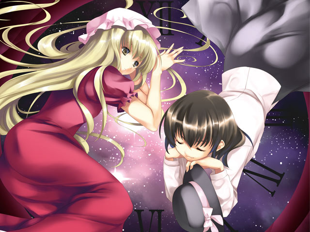 ayase hazuki, maribel hearn, usami renko, ghostly field club, touhou, duplicate, 2girls, blonde hair, bow, brown hair, clock, closed eyes, dress, expressionless, female focus, hat, hat bow, head rest, light smile, long hair, long sleeves, lying, multiple girls, night, night sky, on stomach, red dress, short hair, short sleeves, skirt, sky, star (sky), starry sky, unworn hat, unworn headwear