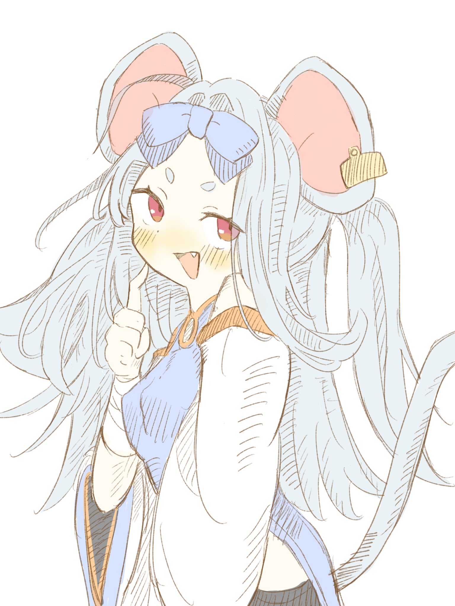 kesiutu, saya (blue archive), blue archive, highres, 1girl, animal ears, breasts, china dress, chinese clothes, dress, ear tag, grey hair, halo, long hair, looking at viewer, mouse ears, mouse girl, open mouth, red eyes, simple background, smile, solo, very long hair
