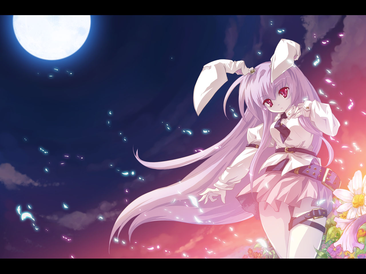 tokiame, reisen udongein inaba, touhou, 1girl, animal ears, female focus, flower, letterboxed, long hair, moon, pink hair, rabbit ears, red eyes, shirt, skirt, solo, very long hair