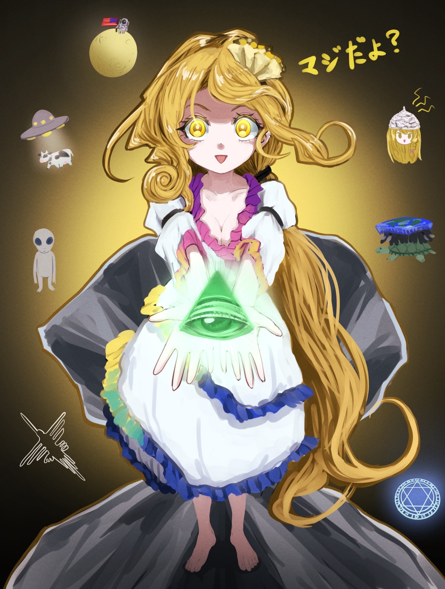alinoce716, watari nina, discworld, highres, 1girl, alien, american flag, astronaut, blonde hair, breasts, clam, clam shell, cleavage, cow, dress, eye of providence, frilled dress, frills, gradient background, grey alien, island turtle, long hair, looking at viewer, moon, nazca lines, pentagram, tinfoil hat, ufo, very long hair, white dress, yellow eyes