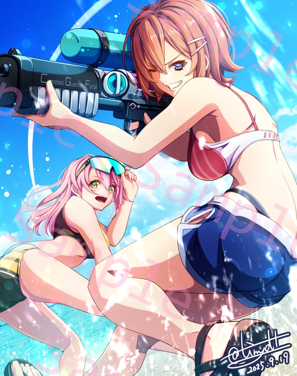 tinybiard, juna crawford, noel seeker, eiyuu densetsu, hajimari no kiseki, highres, 2girls, bikini, blue eyes, blue shorts, bob cut, breasts, brown hair, dated, double-parted bangs, floating hair, green eyes, grin, hair between eyes, hair ornament, hairpin, holding, holding water gun, long hair, medium breasts, multiple girls, ocean, one eye closed, open mouth, outdoors, pink hair, sample watermark, sandals, short hair, shorts, signature, smile, swimsuit, twitter username, water, water drop, water gun, watermark
