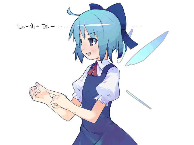 shirohanamame taichou, cirno, touhou, translated, 1girl, :d, ahoge, blue bow, blue dress, blue eyes, blue hair, bow, dress, female focus, hair bow, ice, ice wings, matching hair/eyes, open mouth, shirohanamametaichou, simple background, smile, solo, white background, wings