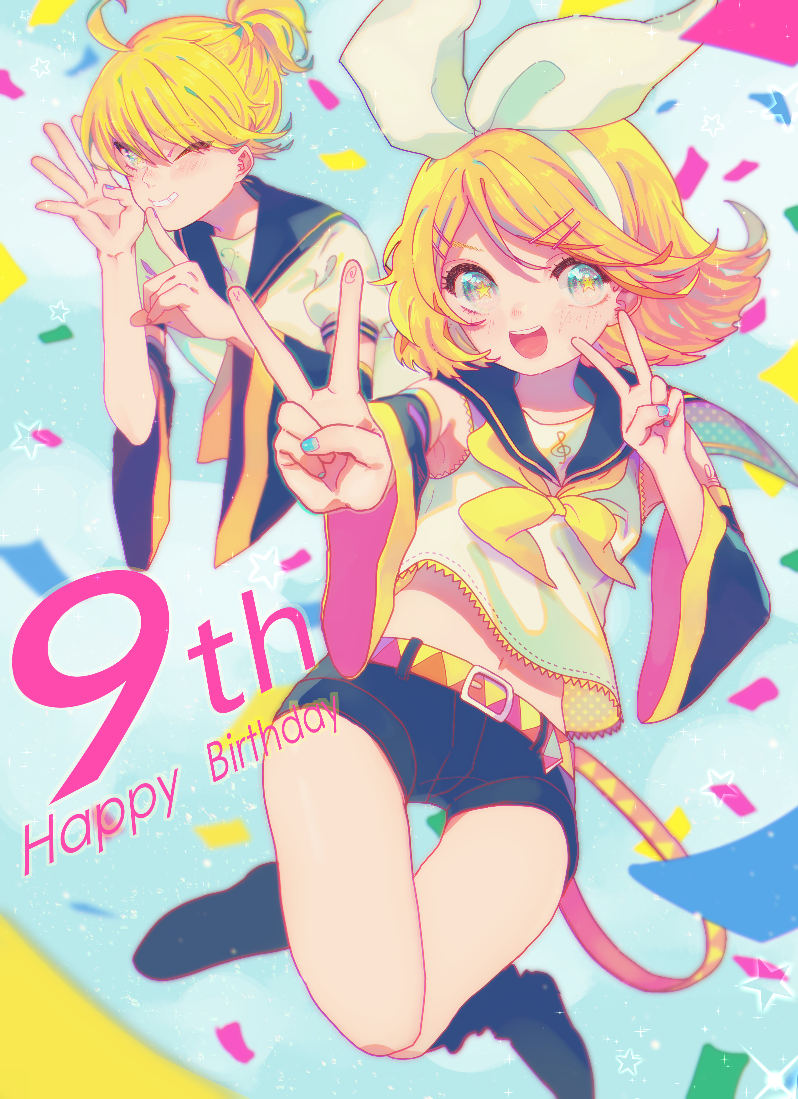 mawarusanso, kagamine len, kagamine rin, vocaloid, absurdres, highres, 1boy, 1girl, blonde hair, blue eyes, confetti, fingerprint, grin, hair ornament, hairband, hairclip, happy birthday, knees together feet apart, open mouth, ponytail, sailor collar, short hair, shorts, smile, star (symbol), star in eye, symbol in eye, treble clef, v, white hairband, wide sleeves