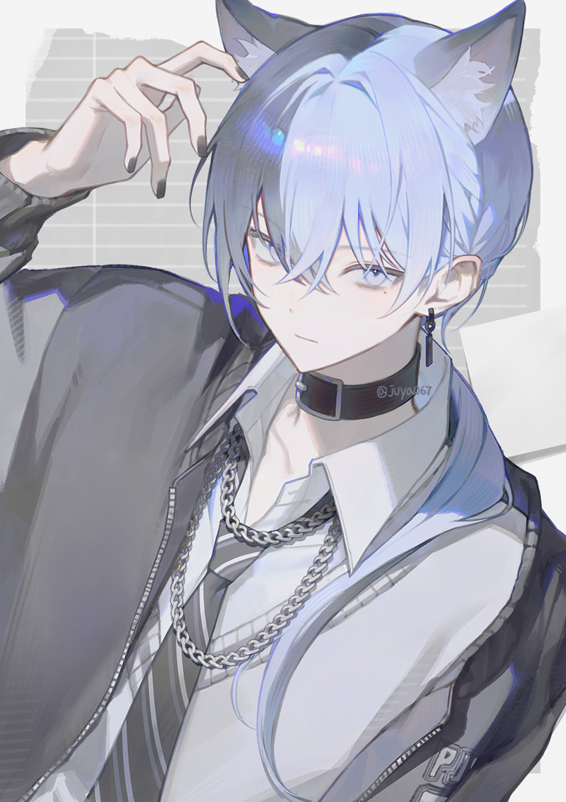 juya067, aoyagi touya, project sekai, commentary, symbol-only commentary, 1boy, aim higher and higher! (project sekai), animal ears, arm up, belt, belt buckle, belt collar, black belt, black jacket, black nails, blue eyes, blue hair, buckle, cat ears, chain, chain necklace, closed mouth, collar, collared shirt, diagonal-striped clothes, diagonal-striped necktie, earrings, extra ears, fingernails, jacket, jewelry, long hair, long sleeves, looking at viewer, male focus, mole, mole under eye, multicolored hair, nail polish, necklace, necktie, official alternate hair length, official alternate hairstyle, open clothes, open jacket, shirt, solo, split-color hair, striped clothes, twitter username, two-tone hair, upper body, v-neck, vest