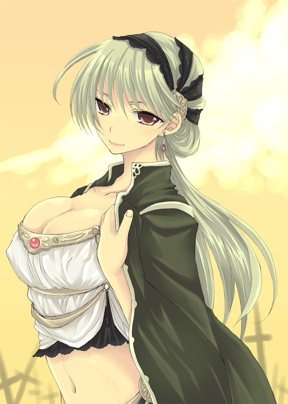 sakurai unan, original, 1girl, breasts, cleavage, cross, earrings, fantasy, female focus, jewelry, large breasts, long hair, midriff, solo, white hair