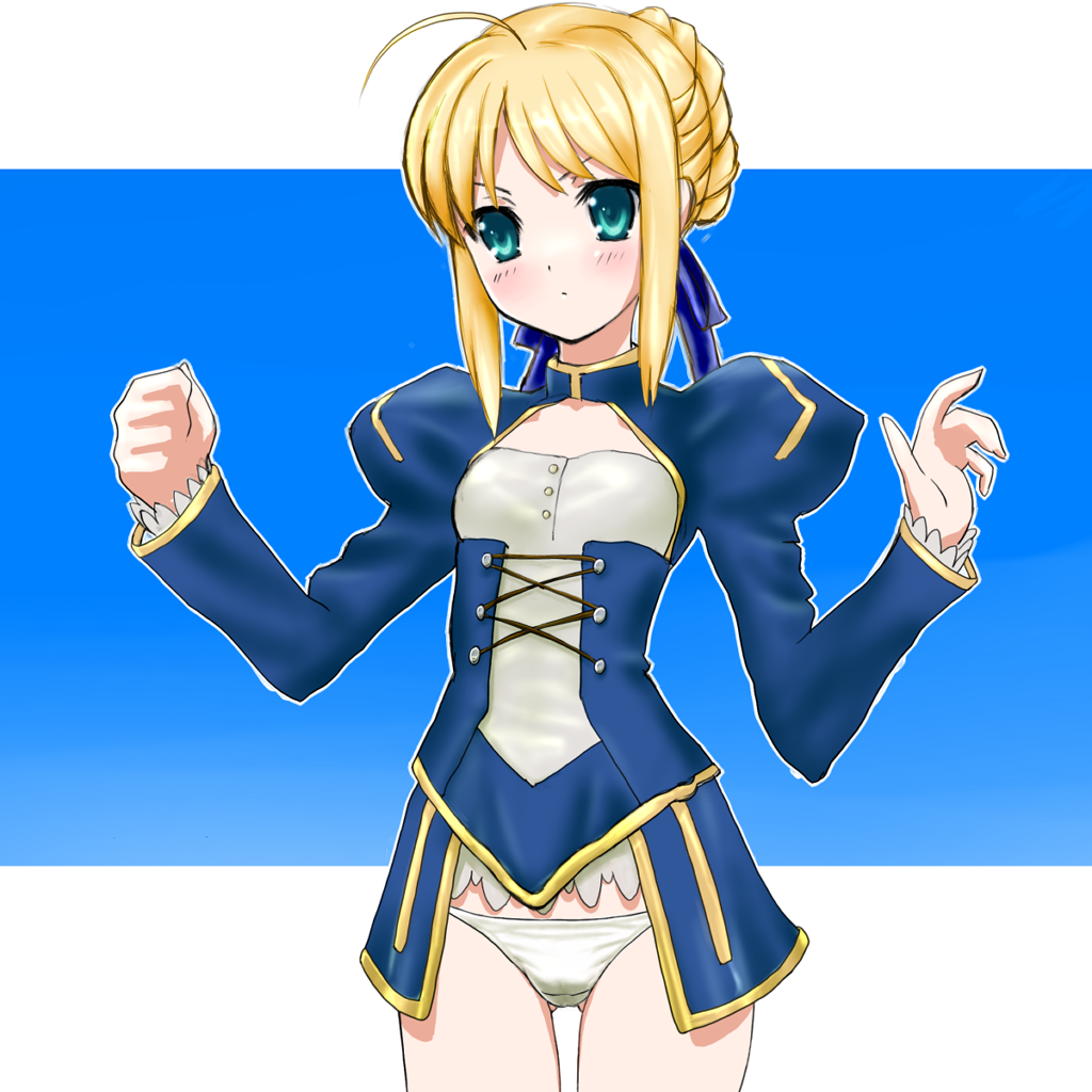 koomo (pixiv148008), koumo, artoria pendragon (fate), saber (fate), fate/stay night, fate (series), strike witches, world witches series, 1girl, blonde hair, blush, female focus, green eyes, no pants, panties, parody, short hair, solo, underwear
