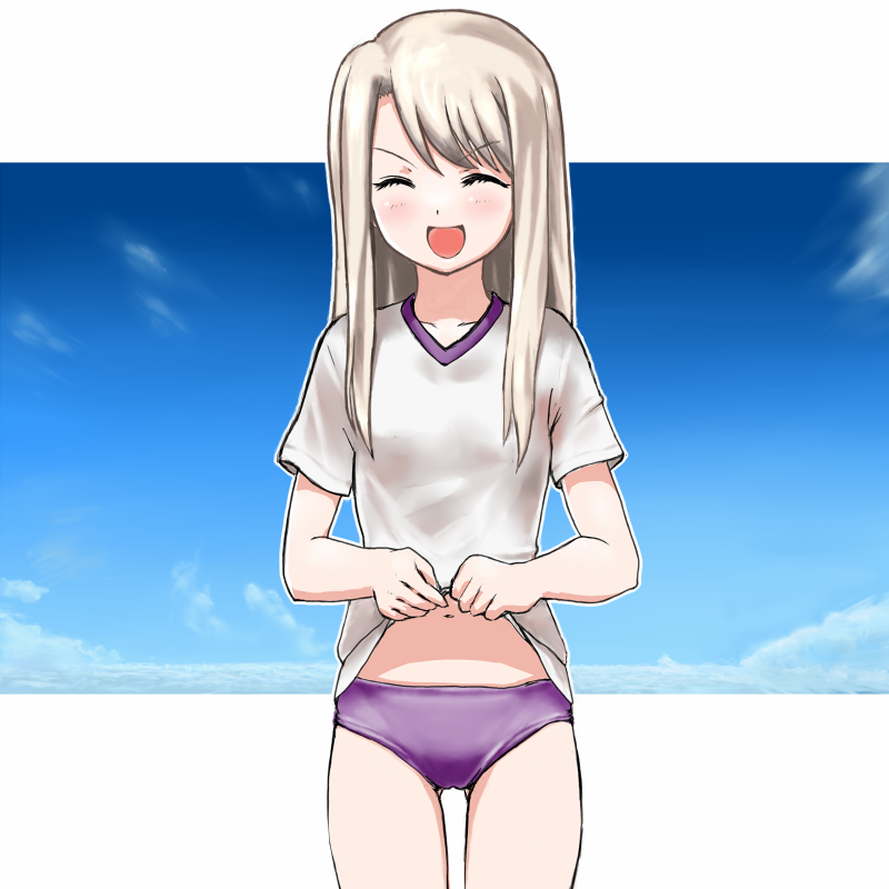 koomo (pixiv148008), koumo, illyasviel von einzbern, fate/stay night, fate (series), strike witches, world witches series, 1girl, buruma, closed eyes, clothes lift, day, female focus, gym uniform, long hair, midriff, official alternate costume, parody, purple buruma, shirt, shirt lift, sky, solo, t-shirt, white hair