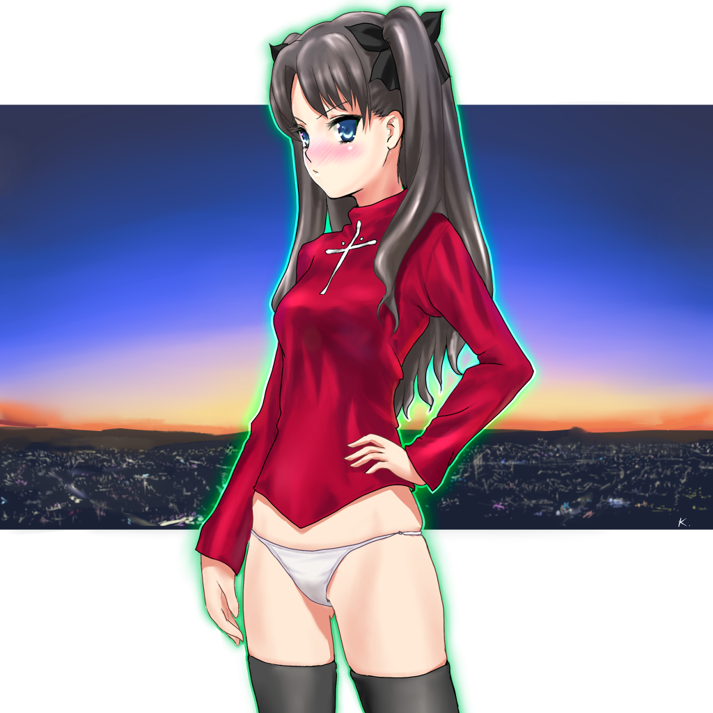 koomo (pixiv148008), koumo, tohsaka rin, fate/stay night, fate (series), strike witches, world witches series, 1girl, :/, black thighhighs, brown hair, female focus, frown, hand on own hip, no pants, panties, parody, solo, sweater, thighhighs, turtleneck, twintails, two side up, underwear, white panties