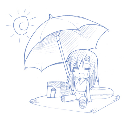 katsura hinagiku, hayate no gotoku!, lowres, 00s, 1girl, :d, basket, beach umbrella, female focus, full body, innertube, monochrome, open mouth, simple background, sitting, smile, solo, swim ring, umbrella, white background