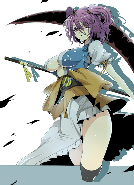 akishima kei, onozuka komachi, touhou, duplicate, 1girl, breasts, female focus, large breasts, licking lips, purple hair, red eyes, scythe, solo, tongue, tongue out, white background
