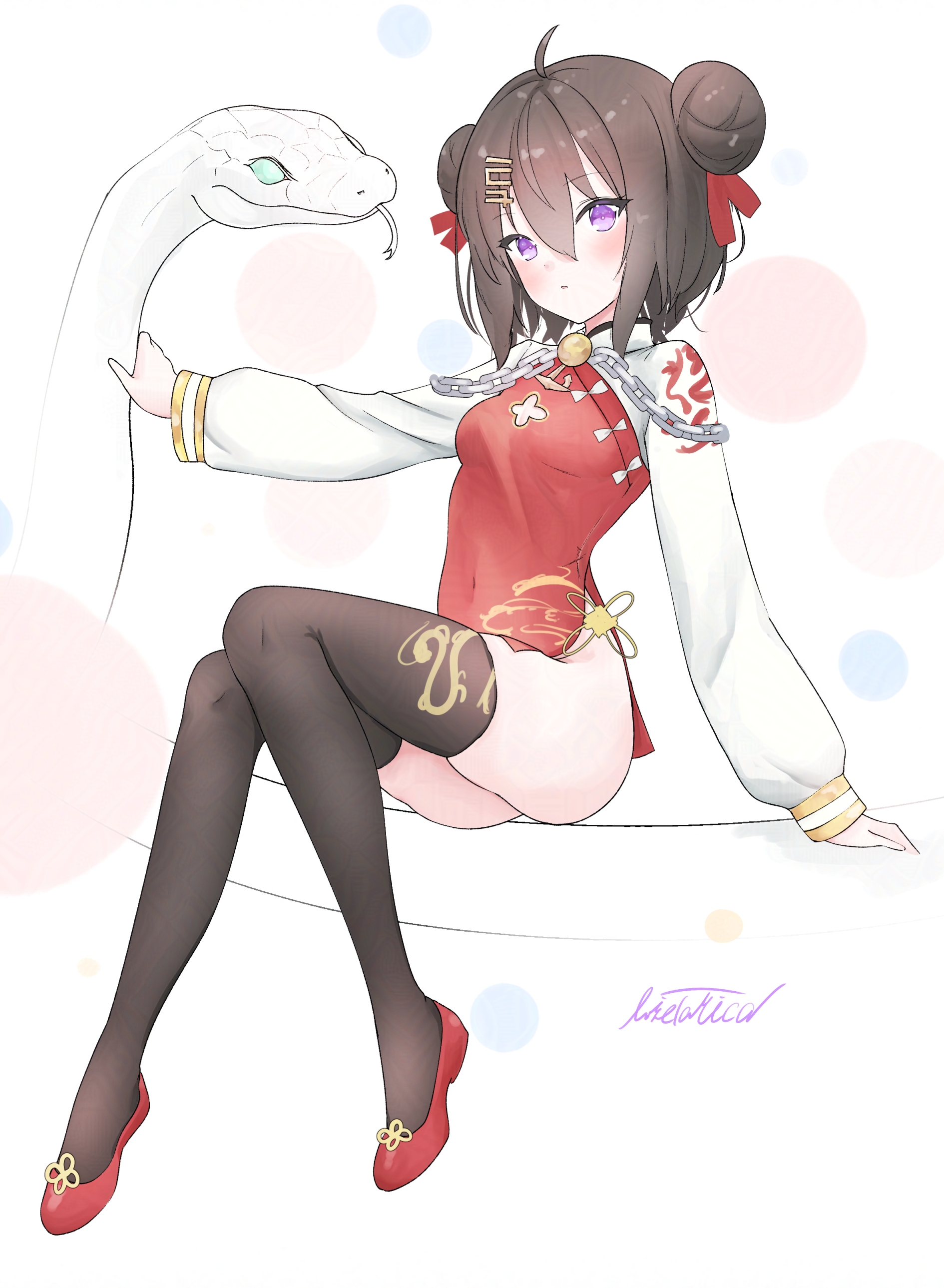 livetarica, tai yuan (azur lane), tai yuan (the golden dragon's festivities) (azur lane), azur lane, absurdres, commentary request, highres, 1girl, :o, ahoge, black thighhighs, blush, breasts, brown hair, chain, china dress, chinese clothes, cleavage cutout, clothing cutout, covered navel, double bun, dress, forked tongue, full body, hair bun, hair ornament, hair ribbon, long sleeves, looking at viewer, official alternate costume, parted lips, petting, polka dot, polka dot background, purple eyes, red dress, red ribbon, red shoes, ribbon, shoes, short hair, side slit, simple background, sitting, sitting on animal, skindentation, small breasts, snake, solo, thighhighs, tongue, white background, white snake, zettai ryouiki