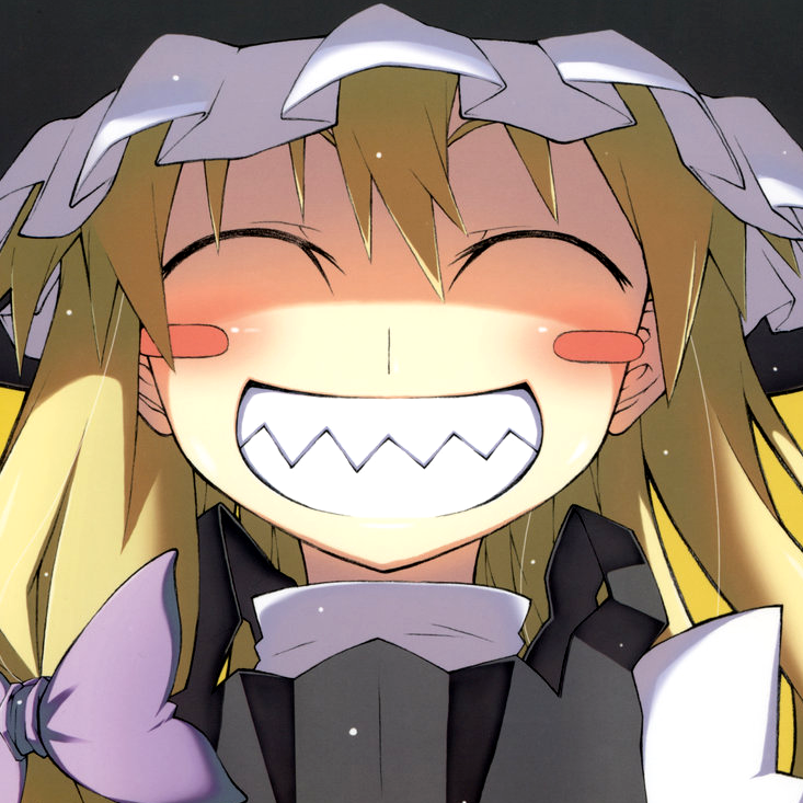 ooide chousuke, kirisame marisa, touhou, 1girl, blonde hair, blush, blush stickers, bow, closed eyes, female focus, grin, portrait, sharp teeth, smile, solo, teeth