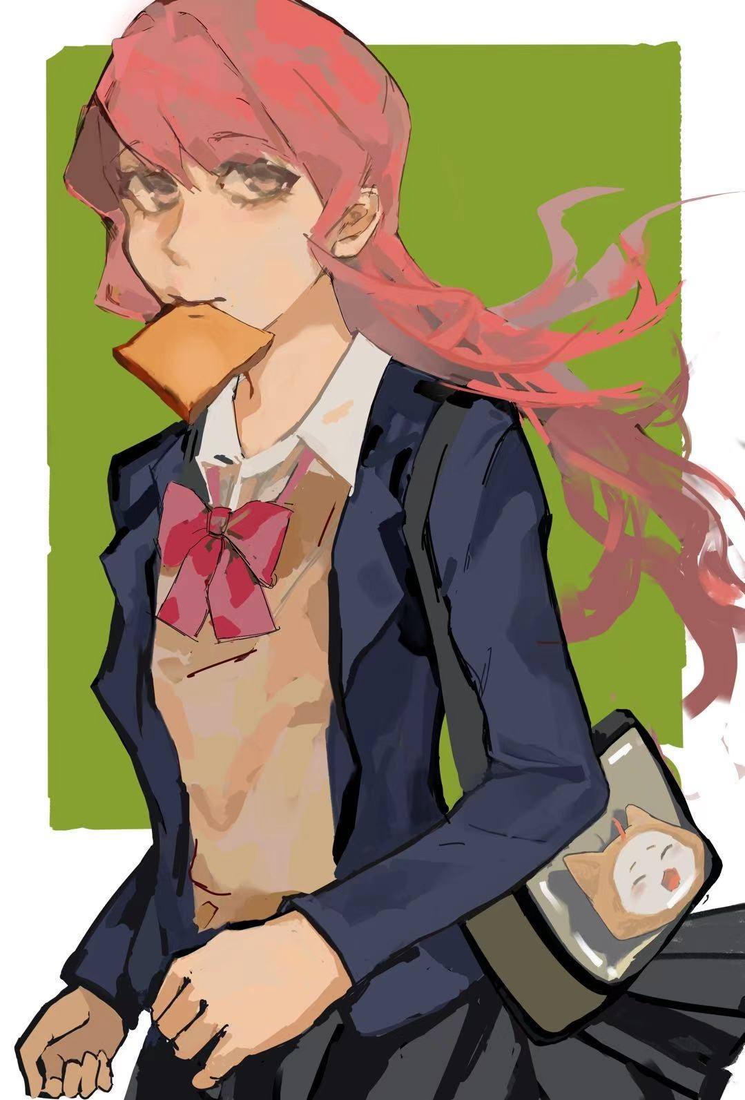 momo (nikki), nikki (nikki), nikki (series), shining nikki, chinese commentary, commentary request, highres, 1girl, bag, bag charm, black skirt, blazer, blue jacket, border, bow, bowtie, bread, bread slice, brown eyes, brown vest, character charm, charm (object), closed mouth, collared jacket, collared shirt, cowboy shot, expressionless, eyelashes, floating clothes, floating hair, food, food in mouth, green background, grey bag, jacket, lapels, lips, long hair, long sleeves, looking at viewer, miniskirt, mouth hold, notched lapels, open clothes, open jacket, outside border, pink hair, pleated skirt, pointy nose, red bow, red bowtie, school uniform, shirt, shoulder bag, shy confession (shining nikki), skirt, solo, sweater vest, toast, toast in mouth, v-neck, very long hair, vest, wavy hair, white border, white shirt, wind, xixixixi87953