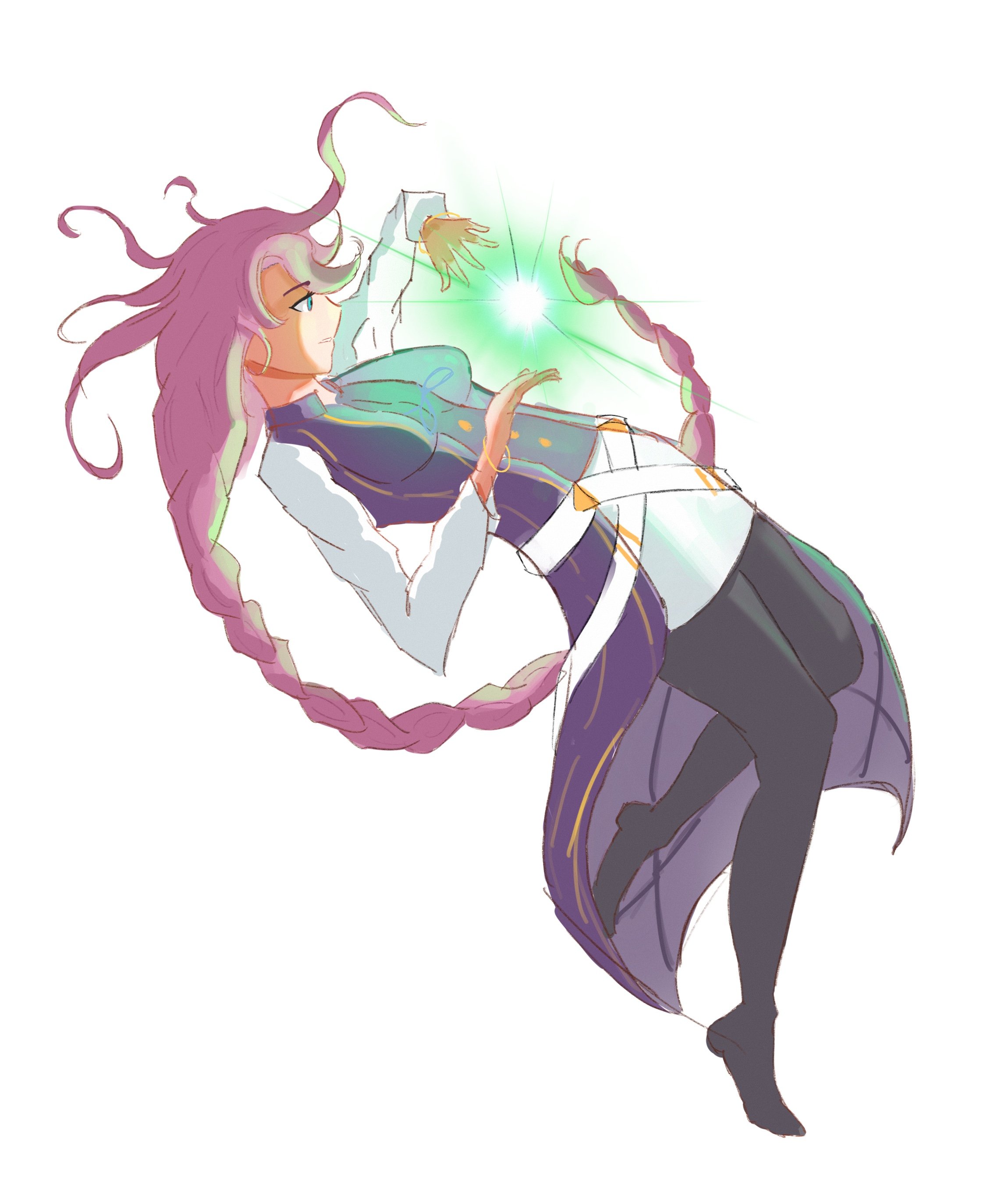 r thors, emma millstein, eiyuu densetsu, sen no kiseki, sen no kiseki (series), sen no kiseki iii, absurdres, highres, 1girl, black thighhighs, blue eyes, bracelet, braid, breasts, earrings, floating hair, from side, full body, hoop earrings, jewelry, large breasts, long hair, long sleeves, magic, pink hair, simple background, single braid, smile, solo, thighhighs, white background