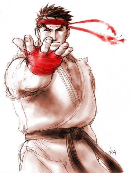 sho-sk, ryu (street fighter), capcom, street fighter, brown hair, dougi, fingerless gloves, gloves, male focus, monochrome, solo, spot color