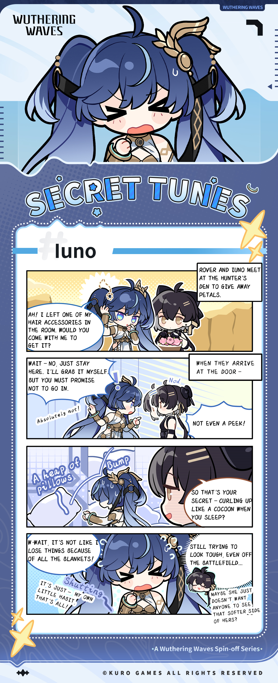fanniko, female rover (wuthering waves), iuno (wuthering waves), rover (wuthering waves), wuthering waves, absurdres, commentary, english commentary, highres, official art, second-party source, > <, 2girls, ahoge, bare shoulders, black bow, black gloves, black hair, blue eyes, bow, breasts, character name, earrings, english text, gloves, gold bra, hair belt, hair bow, hair ornament, hair ribbon, hairclip, hand up, head wreath, jewelry, logo, low ponytail, medium breasts, multicolored hair, multiple girls, nodding, open mouth, parallel hairclips, pillow, ponytail, ribbon, smile, streaked hair, sweatdrop, triangle earrings, twintails, yellow eyes, yellow ribbon